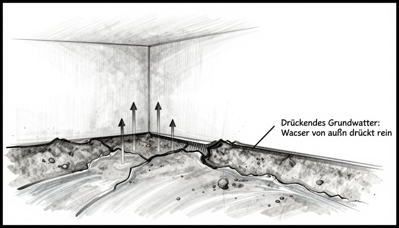 Hand-drawn cross-section sketch of a basement wall with high groundwater pressure from saturated exterior soil pushing water through cracks into the dry interior, shown with pressure arrows, graphite linework, and light shading on a clean white background.