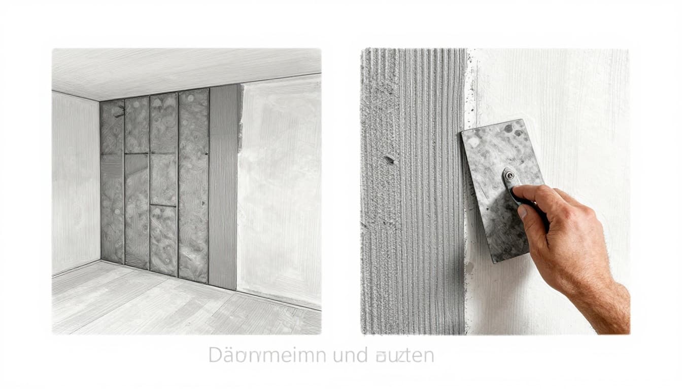 Hand-drawn graphite sketch on white background showing a worker gluing insulation panels to a waterproofed basement wall, then applying plaster finish with a trowel in a simple before-after composition.