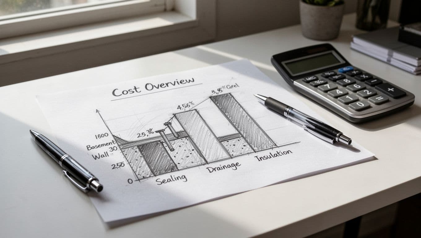 Hand-drawn graphite sketch of a simple cost overview table for basement wall renovation on a home office desk, showing measures like inner sealing, drainage, insulation with euro amounts and funding percentages, pen and calculator nearby, light shading on clean white background.