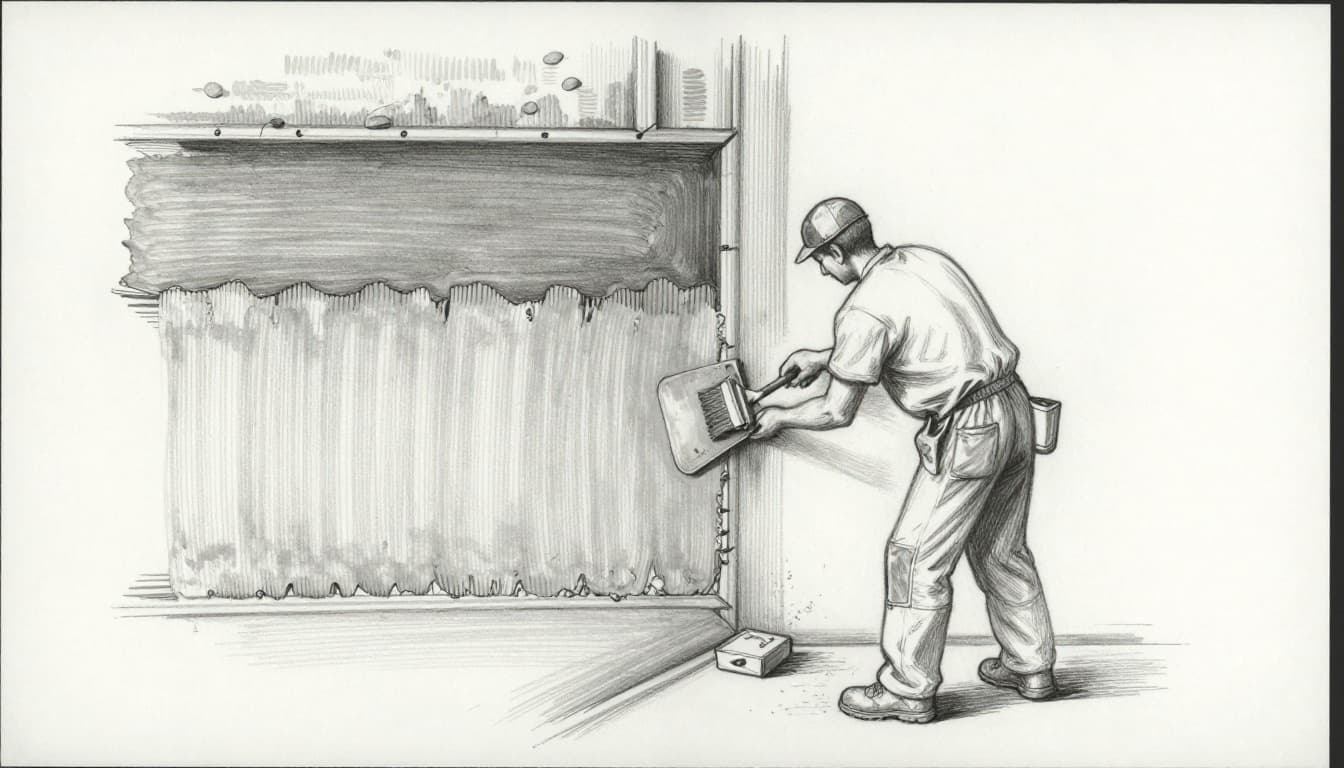 Hand-drawn graphite sketch on white background showing a worker applying primer with a brush then main waterproofing slurry layers with a trowel on a basement wall cross-section, with two stages visible in simple composition and light shading.