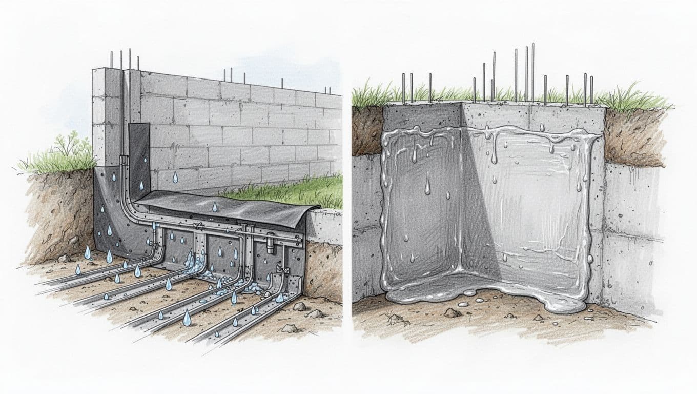 Hand-drawn graphite sketch on white background showing split-view comparison: left side exterior waterproofing with drainage and membrane, right side interior waterproofing with coating on house foundation.