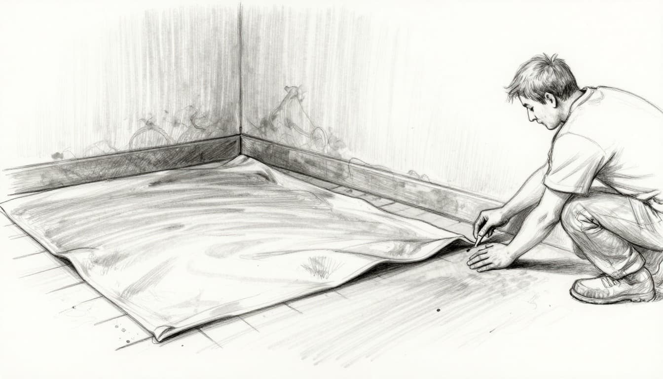 Hand-drawn graphite sketch depicting a worker applying liquid membrane or laying sheets on basement floor and wall, sealing joints, and plastering over, with light shading on white background.