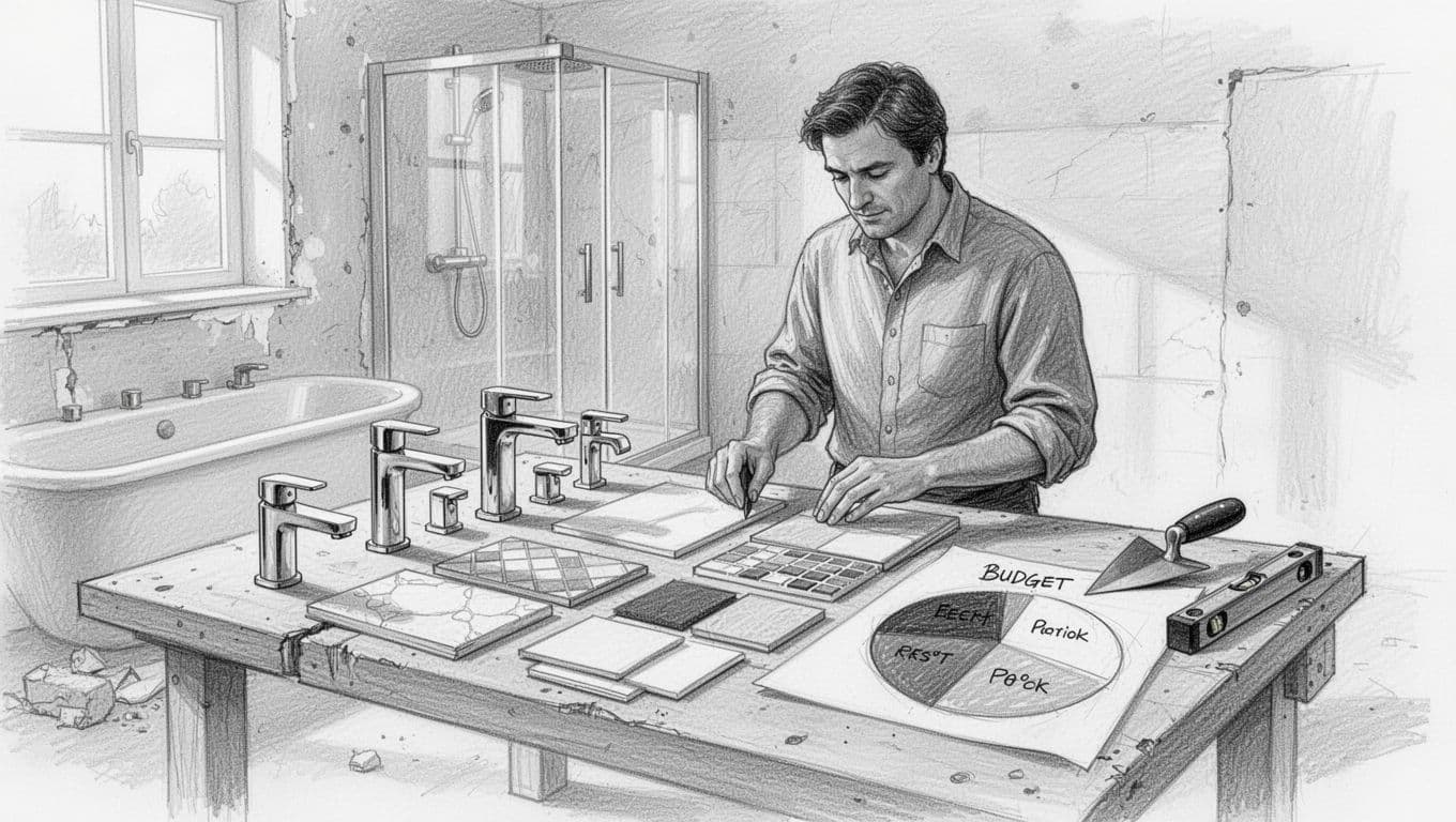 Graphite pencil sketch on white paper of a workbench in half-renovated German bathroom displaying modern faucets, shower cabin, and tile samples alongside a pie chart for budget segments: Abriss, Armaturen, Dusche, Fliesen, Eigenleistung. Homeowner examines samples and chart with tools like trowel and level present.