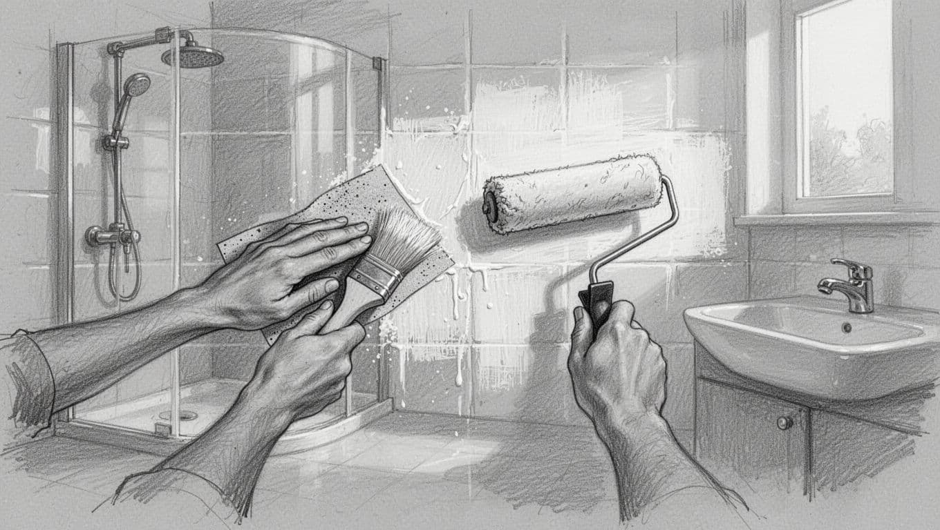 Hand-drawn graphite sketch showing one person sanding glossy bathroom tiles with sandpaper, applying thin primer with a brush, and rolling two coats of tile paint using a foam roller in a bright bathroom with shower and sink in background.