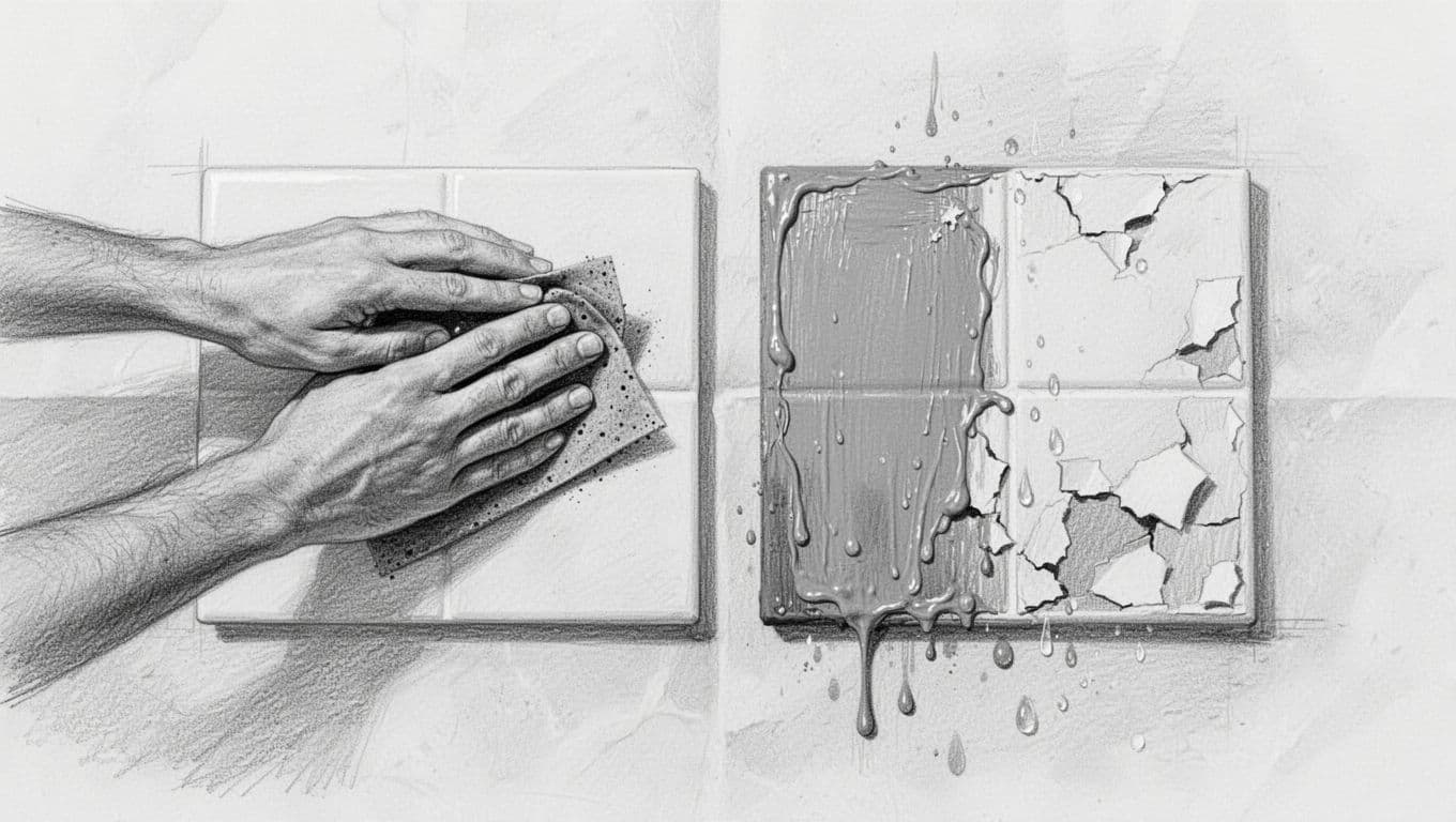 Graphite sketch depicting essential steps for paint durability on bathroom tiles: sanding clean degreased surfaces, applying thin layers and sealing coat, with before-after views of peeling versus intact paint in humid conditions.