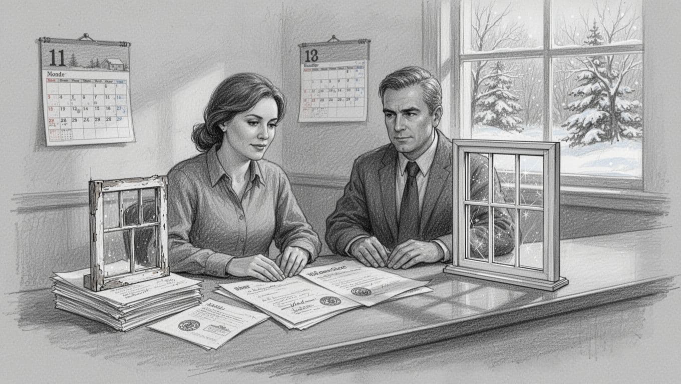 Hand-drawn pencil sketch depicting a homeowner and building official at a Bauamt counter discussing permits for triple-glazed windows in an Altbau renovation, with documents, window models, 2026 calendar, and snowy view outside.