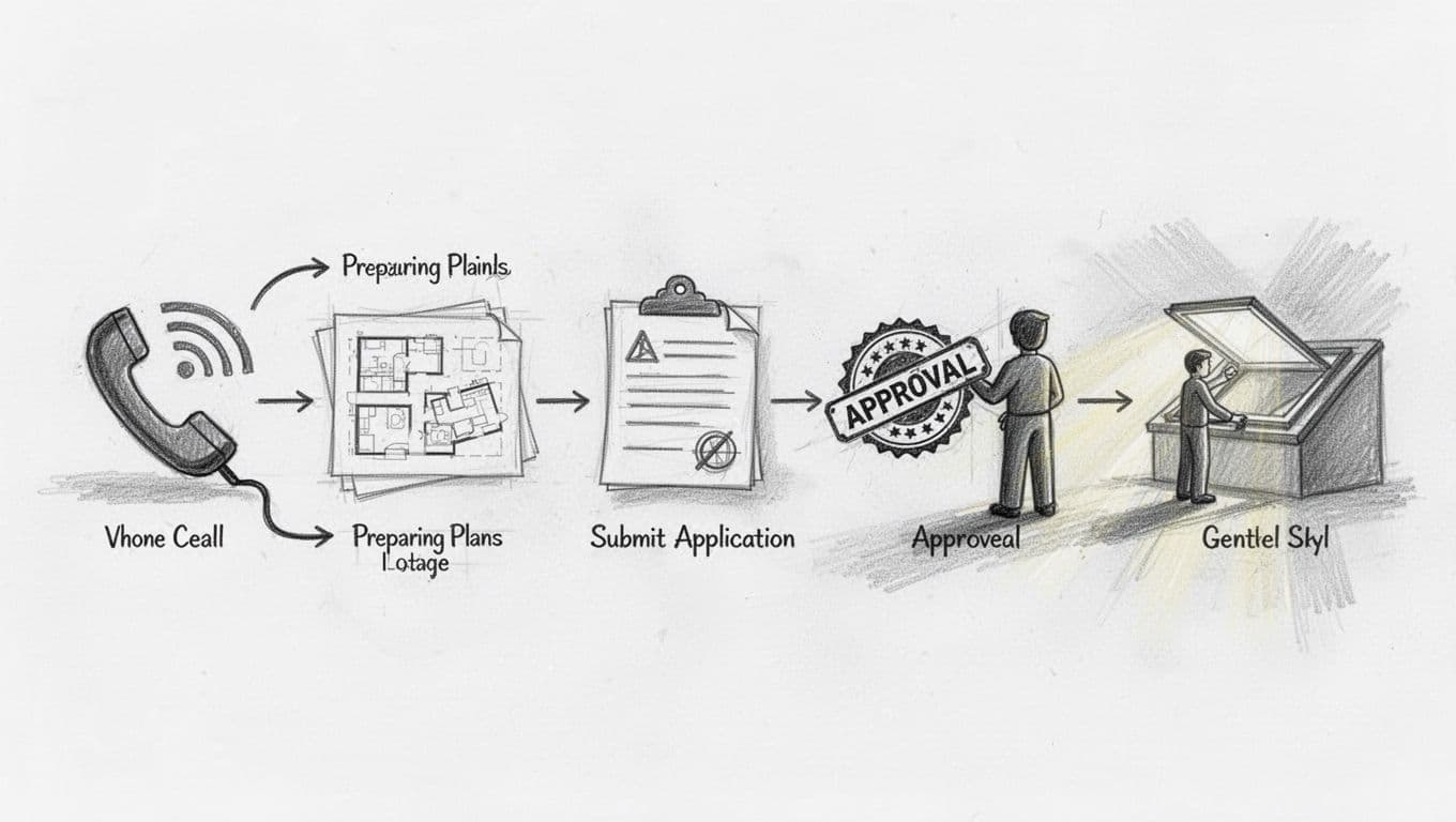 Handgezeichnete Graphitskizze, die den schrittweisen Ablauf für den Kontakt mit dem Bauamt illustriert: sechs sequenzielle Icons vom Telefonat über Dokumentenvorbereitung und Einreichung bis zur Genehmigungsstempel und Dachfensterinstallation, verbunden durch Pfeile, auf weißem Hintergrund.