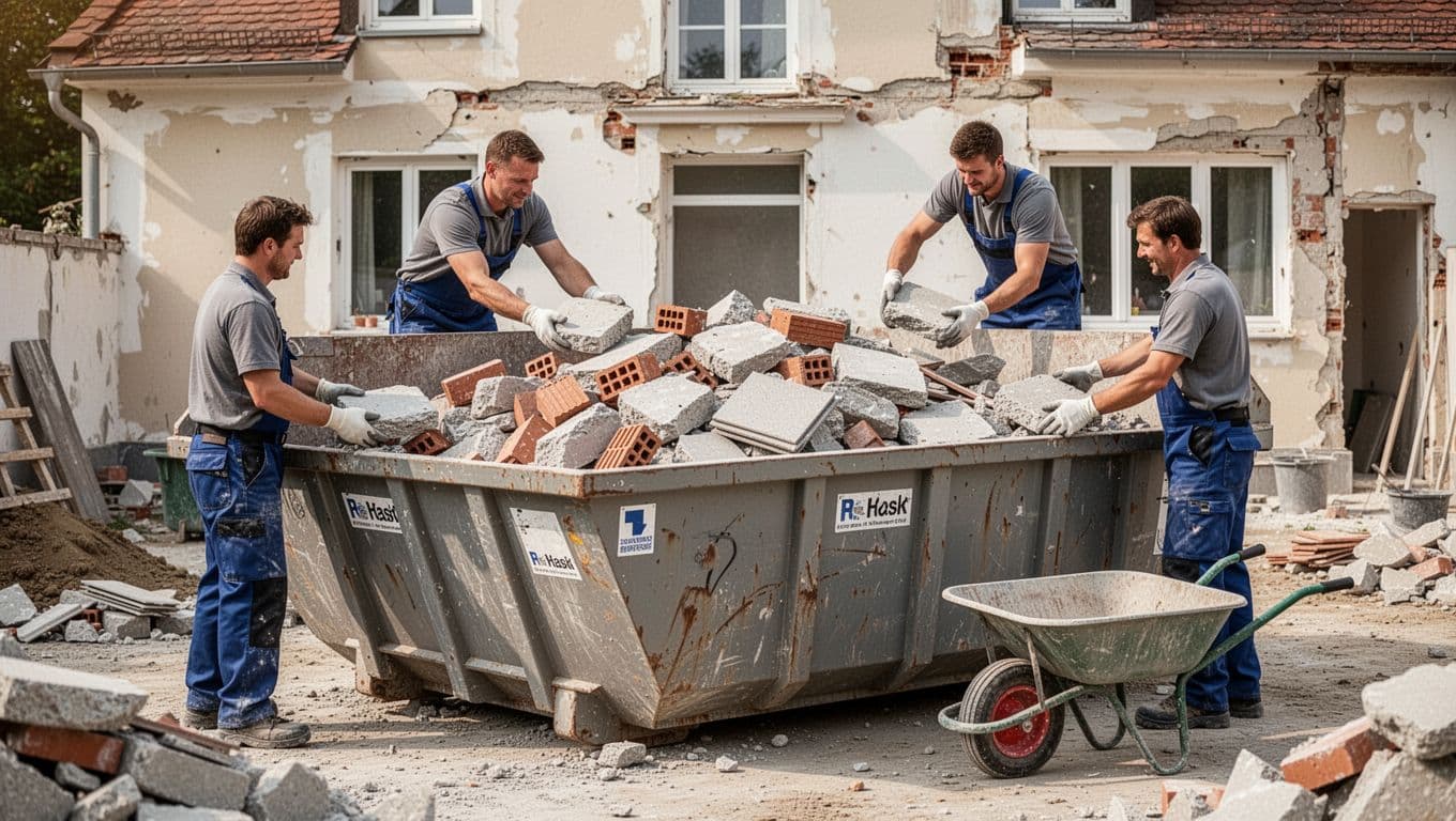 Hand-drawn graphite sketch on white paper showing two workers loading clean bauschutt such as bricks, concrete chunks, and tiles into a half-full open-top rental container at an old German house renovation site, with a wheelbarrow nearby under daytime natural light.