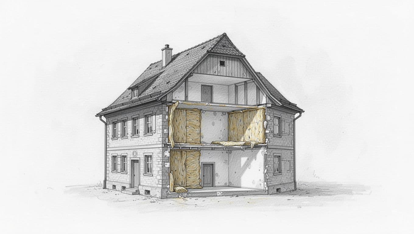 Handgezeichnete Skizze eines bayerischen Altbaus mit unveränderter historischer Klinkerfassade außen und sichtbarer Innenwanddämmung innen. Graphite Linework mit leichter Schattierung auf weißem Hintergrund.