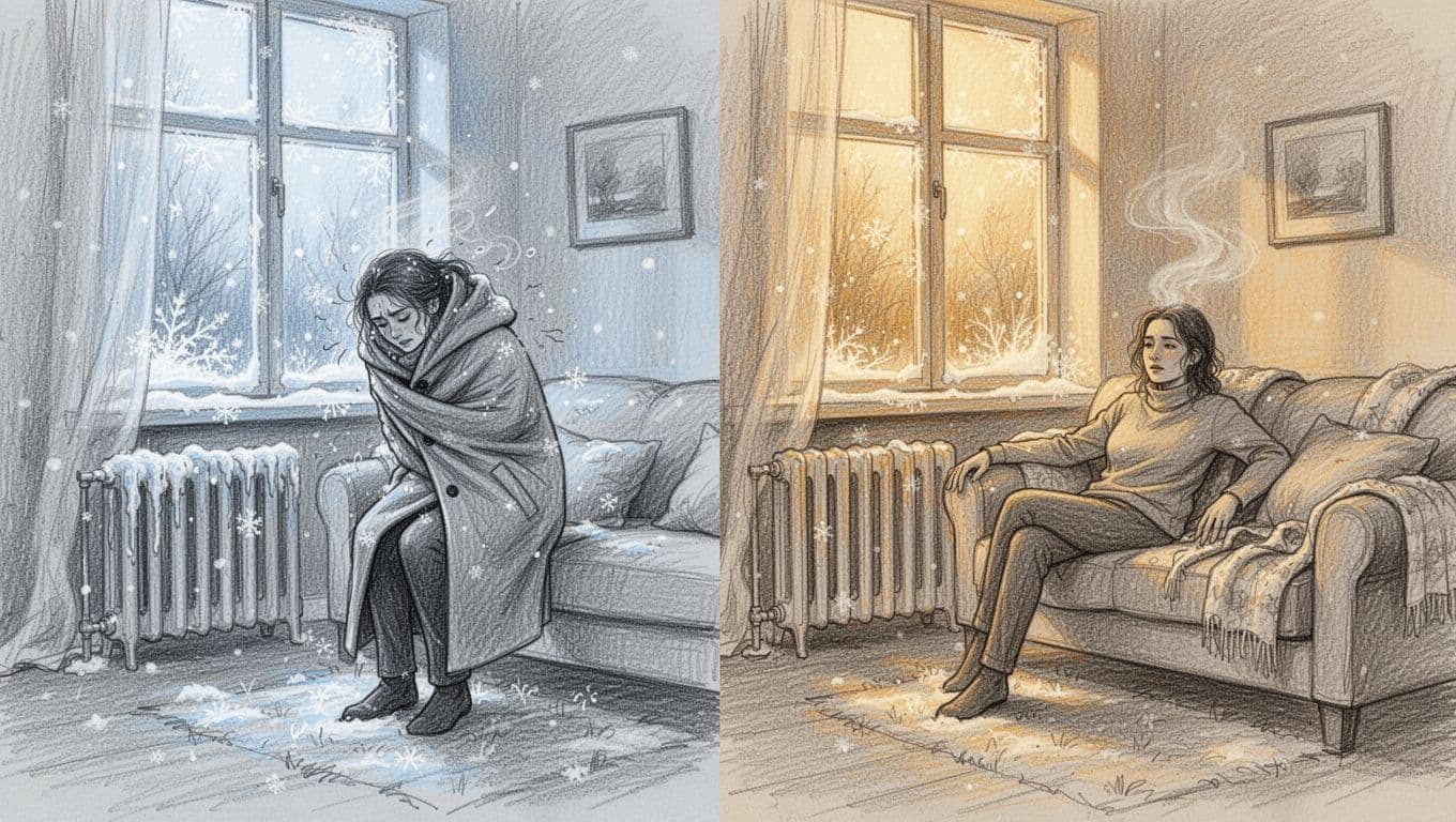 Split scene hand-drawn graphite sketch on white paper: left side shows a cold living room with frosty window, chilly radiator, and shivering person in coat; right side depicts the same room warm and cozy with steaming radiator and family comfortably reading, highlighting hydraulic balancing effect.