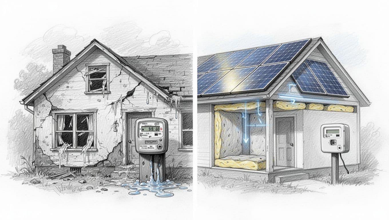 Hand-drawn graphite sketch on white paper showing a split composition: left side an old leaky house with high bills, right side a renovated efficient house with solar panels, insulation, and a low bill icon displaying '40% Ersparnis'.