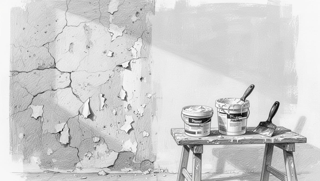 Hand-drawn graphite sketch showing a before-and-after of an interior wall: left side rough with cracks and peeling paint, right side smooth primed surface ready for plaster. Simple workbench with primer bucket, filler tub, and scraper on clean white background with light shading.