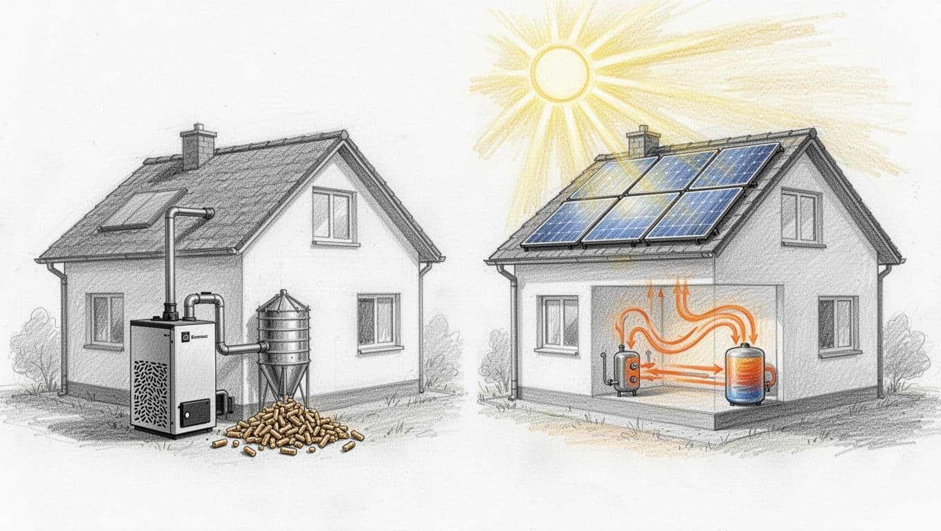 Hand-drawn graphite sketch side-by-side comparison of a house with biomass pellet boiler and silo versus the same house with solar thermal panels on the roof.