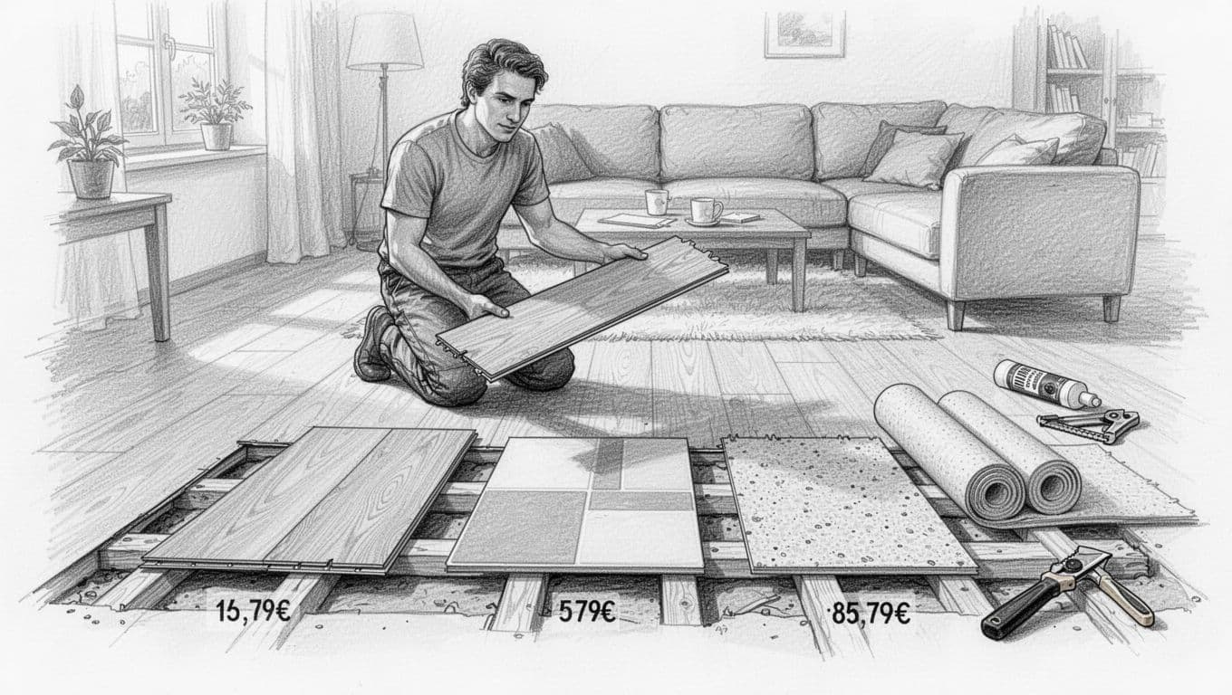 Handgezeichnete Bleistift-Skizze günstiger Bodenbeläge wie Laminat, Vinyl und Linoleum mit Preisen pro m² in einem deutschen Wohnzimmer, Person vergleicht Proben mit Verlegewerkzeugen.