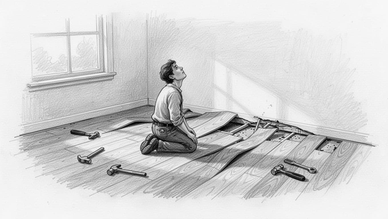 Hand-drawn graphite sketch of a living room with laminate floor buckling and lifting at the walls due to forgotten expansion gaps, wavy planks rising up, scattered tools, and one surprised person kneeling nearby. Clean white paper background with light shading, simple composition focused on the buckling floor.