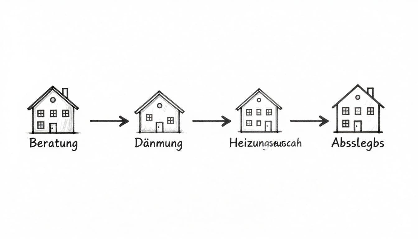 Hand-drawn graphite linework sketch of horizontal arrow connecting five renovation icons between simple house outlines at start and end.