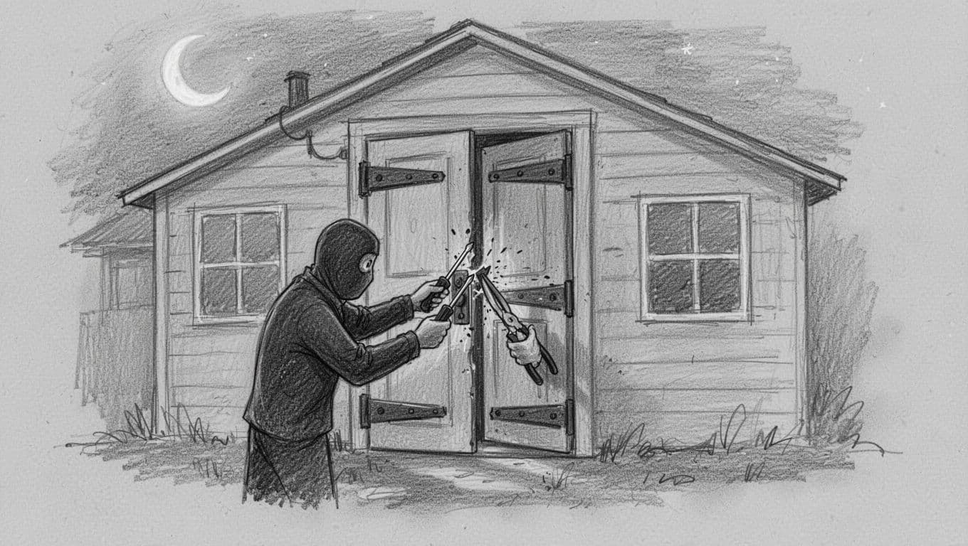 Handgezeichnete Graphit-Skizze zeigt einen Einbrecher mit einfachen Werkzeugen (Schraubendreher, Zange, Keil), der eine stabile Haustür mit verstärkten Scharnieren und Rahmen aufstemmt; die Tür leistet Widerstand vor einem Einfamilienhaus bei schwachem Mondlicht.