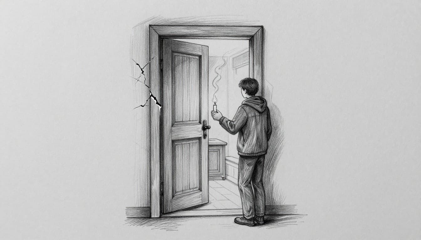 Hand-drawn graphite sketch on light gray paper showing a person from inside a cozy warm room holding a lit candle close to an old wooden front door edge, with smoke trail bending sideways through visible cracks indicating strong draft and air leakage, cold outside implied.