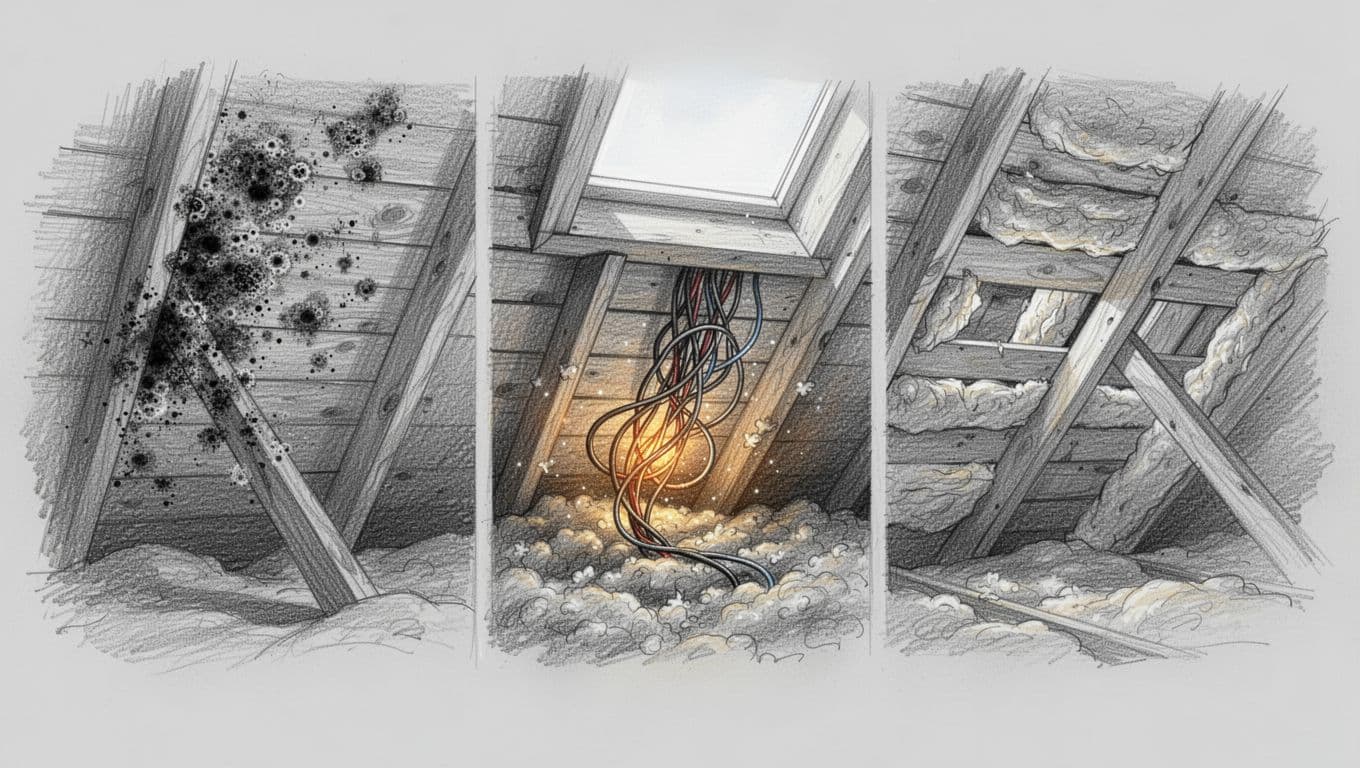 Hand-drawn graphite sketch illustrating frequent ceiling insulation errors: mold growth from poor ventilation on the left, incorrect cable covering causing overheating in the middle, and uneven insulation with gaps on the right, in an attic setting with beams.