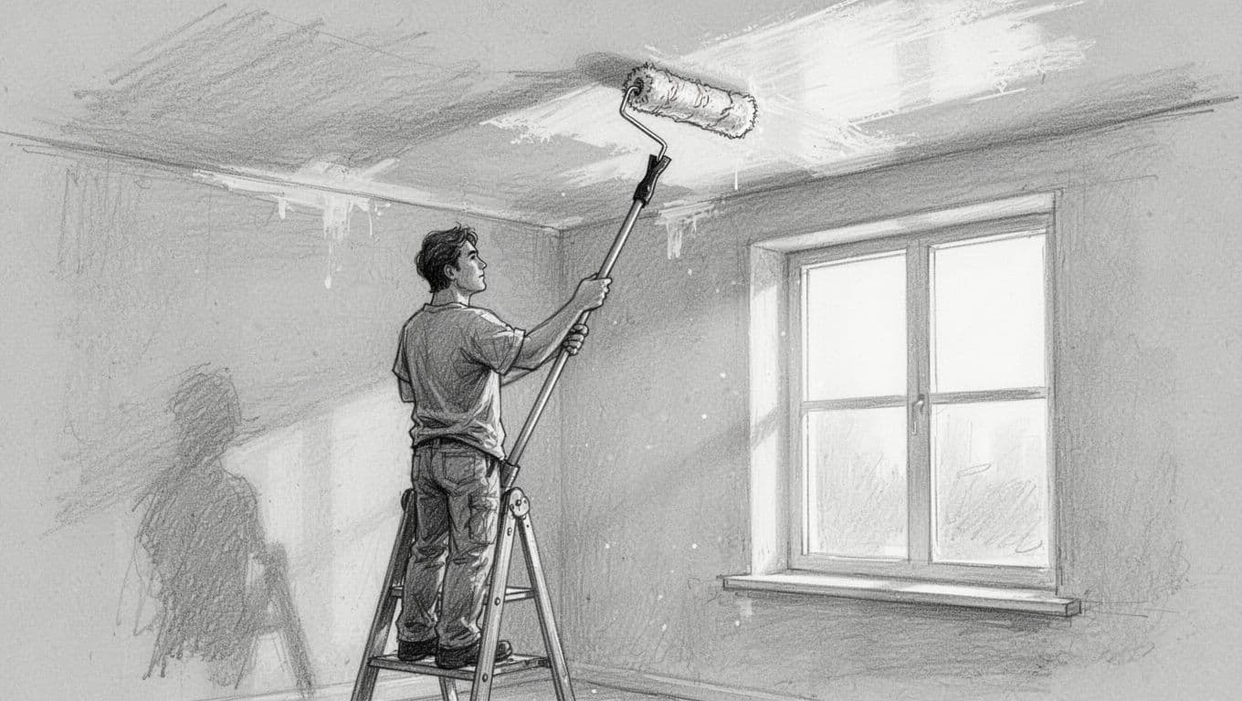 Graphite sketch of a person on a ladder using a lambskin roller on an extension pole to paint a ceiling parallel to window light, smoothly rolling over wet edges in a simple room.