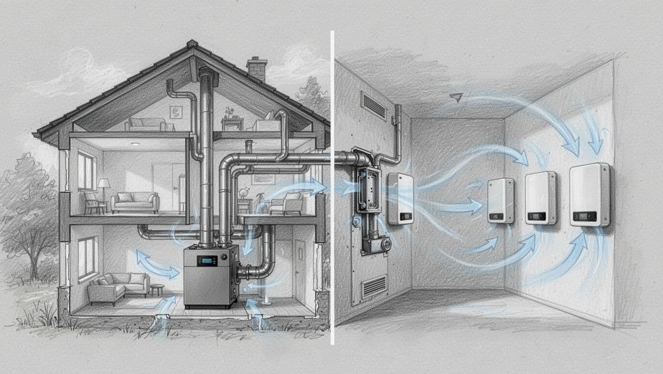 Hand-drawn graphite sketch comparing central unit in basement with ducts to rooms versus modular decentralized units on walls in a tight new build house, illustrating efficient air flow in modern architecture on light gray paper.