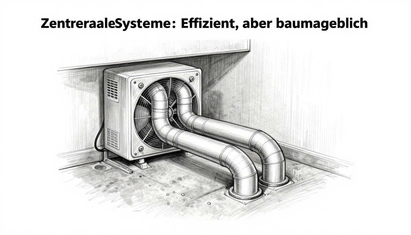 Hand-drawn sketch of a central ventilation unit in a home basement on concrete floor, connected to three branching duct pipes with visible filters and fan.