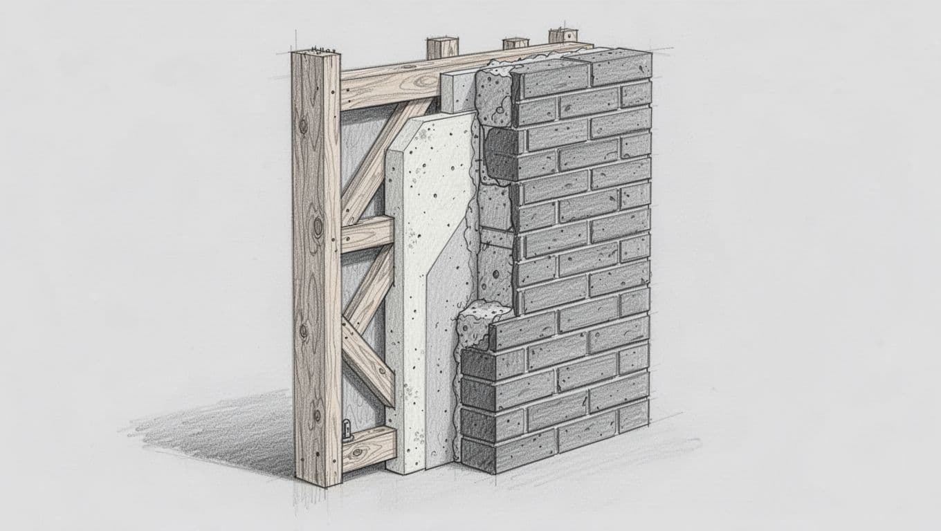 Hand-drawn graphite linework sketch on light gray background showing cross-section of a house wall: under-construction frame, insulation layer, and outer klinker bricks.