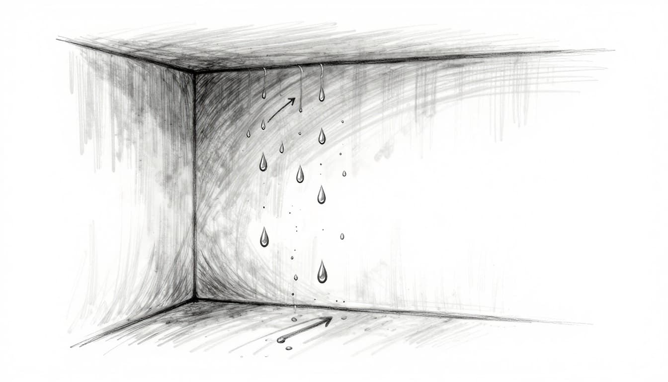Hand-drawn graphite sketch of a cross-section cold basement wall in a dimly lit cellar, showing warm moist air condensing into water droplets trickling down, with arrows indicating air flow and cooling.