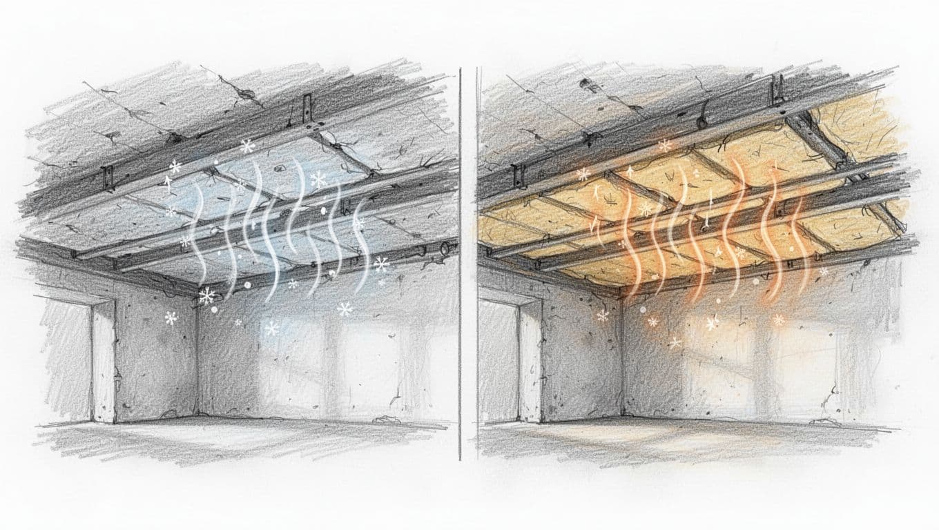 Side-by-side hand-drawn sketches compare heat rays escaping cold basement ceiling and retained by insulated one in old building.