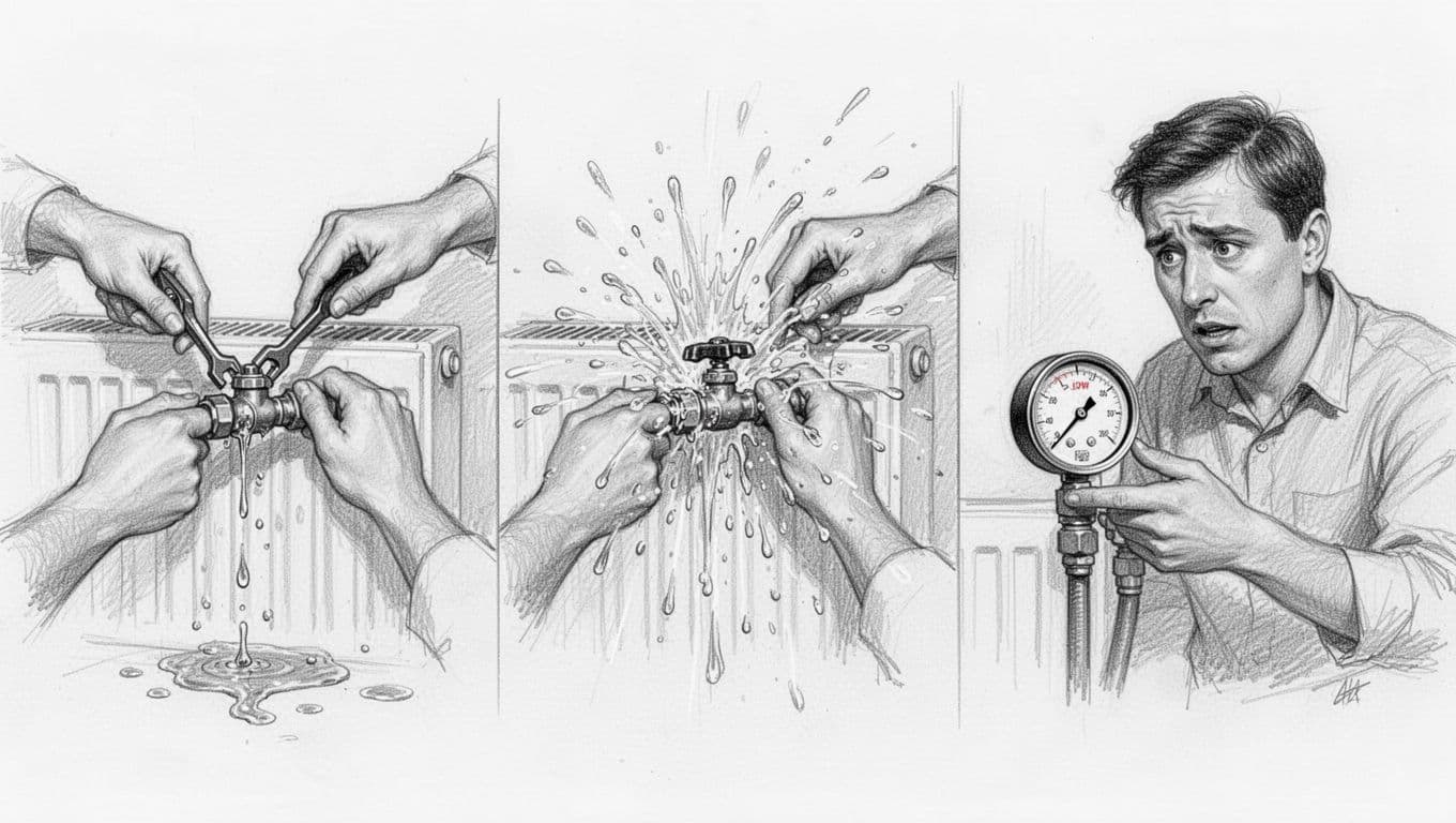 Hand-drawn graphite sketch on white paper depicting three side-by-side scenes of beginner errors when bleeding radiators: incorrect valve turning with spills, excessive water spray, and low pressure worry.