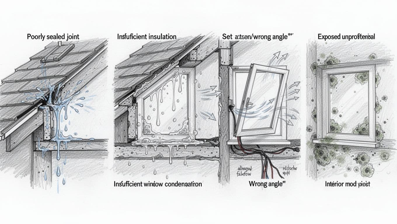 Hand-drawn graphite sketch illustrating five common roof window installation errors side-by-side in simple house roof cross-sections, including poor sealing causing leaks, inadequate insulation leading to condensation, wrong angle causing drafts, unprofessional wiring, and mold growth.