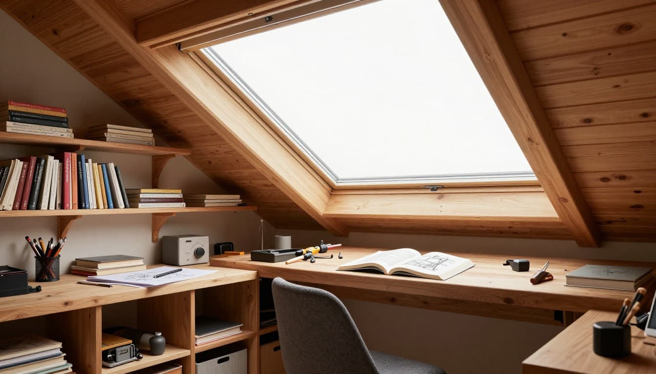 Hand-drawn graphite sketch of a cozy attic hobby space featuring a large open skylight flooding in bright natural daylight, wooden workbench with tools, bookshelves, and one relaxed person reading at a desk.