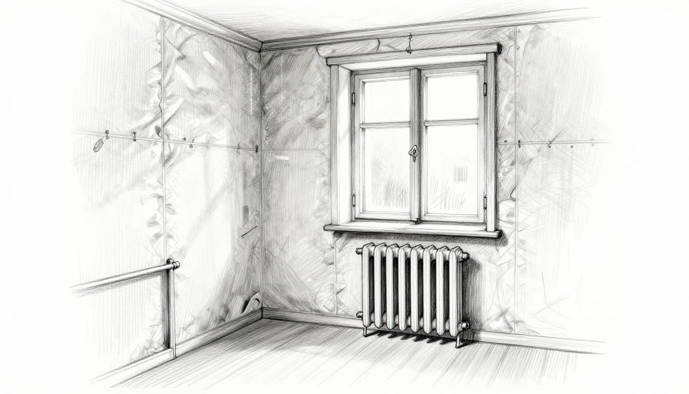 Hand-drawn graphite sketch of cozy room interior with insulated walls, radiator, and window.