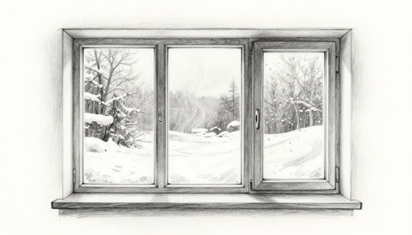 Hand-drawn pencil sketch of a cozy living room featuring a large triple-glazed window with clear glass and warm air currents inside, contrasting a small old window with condensation droplets and cold drafts, against a snowy winter landscape outside.
