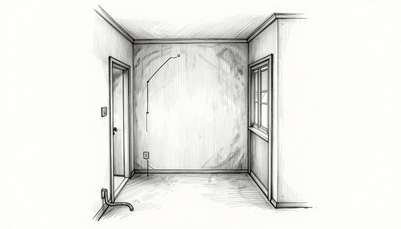 Hand-drawn graphite sketch of a narrow old building room showing space loss from thick internal wall insulation panels and exposed wiring, emphasizing cramped conditions with light shading on white background.