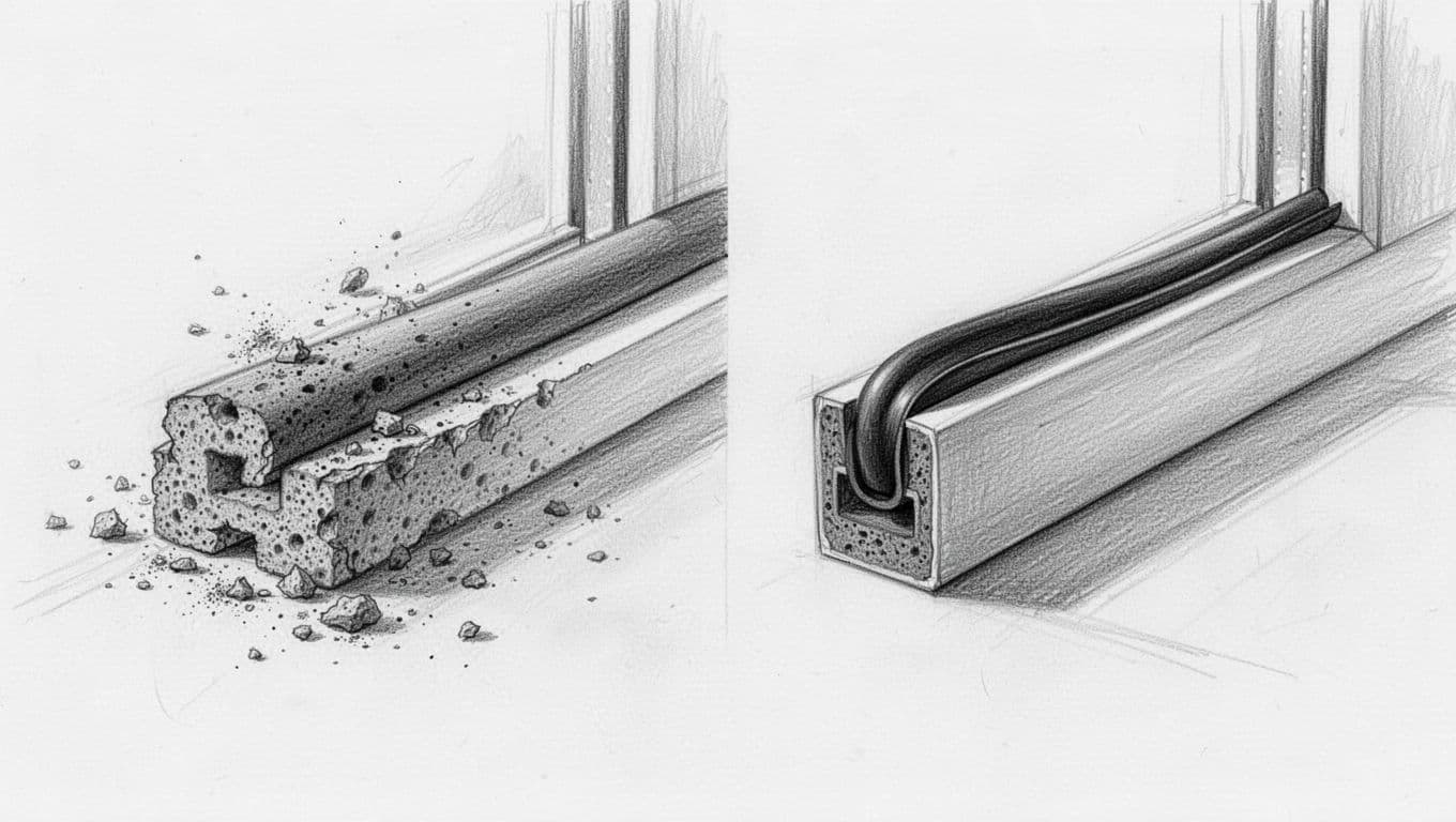 Hand-drawn graphite sketch side-by-side comparing crumbling, dusty foam sealing strip on left window frame versus intact, durable rubber seal on right, with light shading on clean white background.