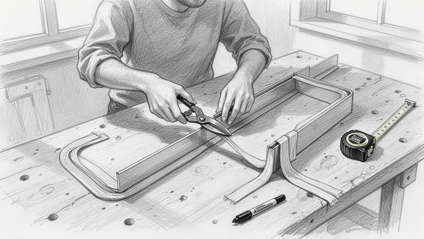Hand-drawn graphite sketch depicting a person using metal snips to cut a CW profile on a wooden workbench while applying thin acoustic sealing tape to the edges of a UW profile, with tape measure and marker nearby, top-down workshop view.