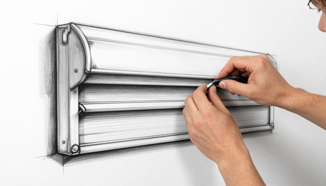 Hand-drawn graphite sketch of a person in a home workshop cutting an insulation plate too large for the roller shutter box, where the plates do not fit. Relaxed pose with two hands visible, light shading on clean white background, landscape composition.