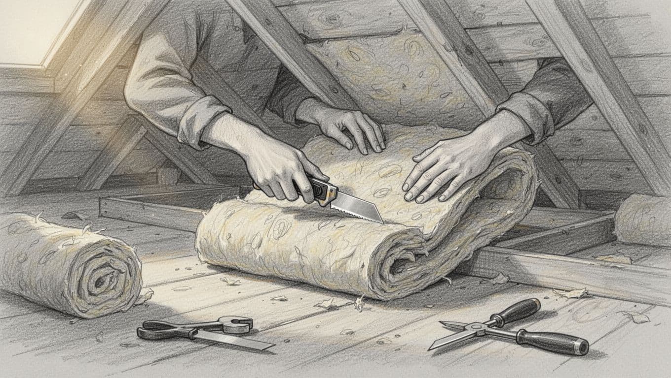 Hand-drawn graphite sketch of a person in a cozy attic cutting a mineral wool insulation roll with a utility knife to fit between wooden rafters, then gently pressing it into place with relaxed hands. Additional rolls and tools lie on the floor amid soft warm lighting and light shading for texture on a clean very light gray paper background.