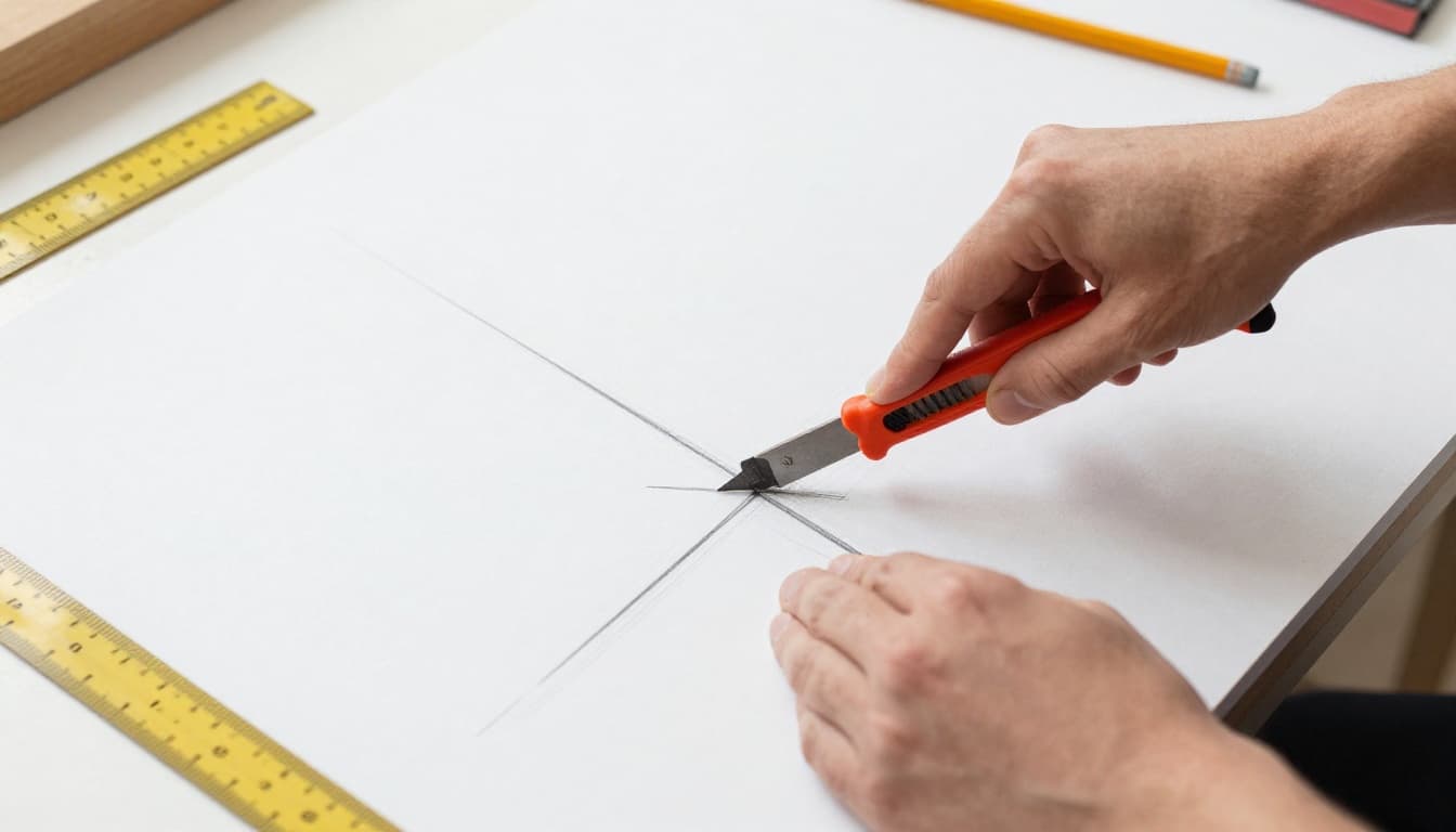 Hand-drawn graphite sketch of a person precisely cutting Styropor insulation plate to size using a utility knife on a workbench, with ruler and pencil nearby in a workshop setting.