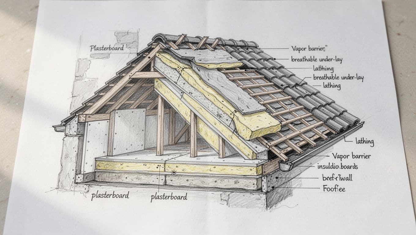 Handgezeichnete Querschnittsskizze eines typischen Dachdämmungsaufbaus im Altbau von Innenwand bis Dachziegel.