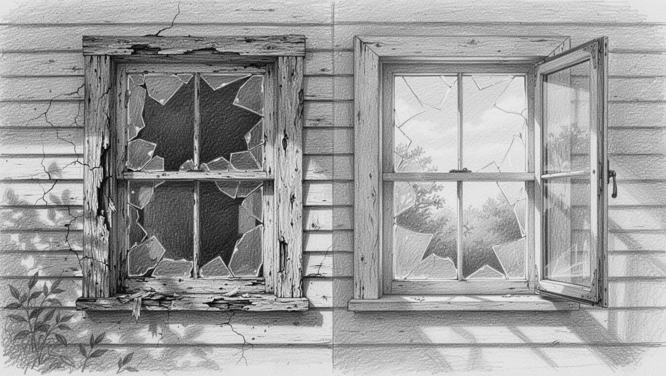 Hand-drawn graphite sketch contrasting a damaged wooden window frame with cracks, rot, and broken glass under summer sun against a house wall, with a well-sealed frame, on clean white background.