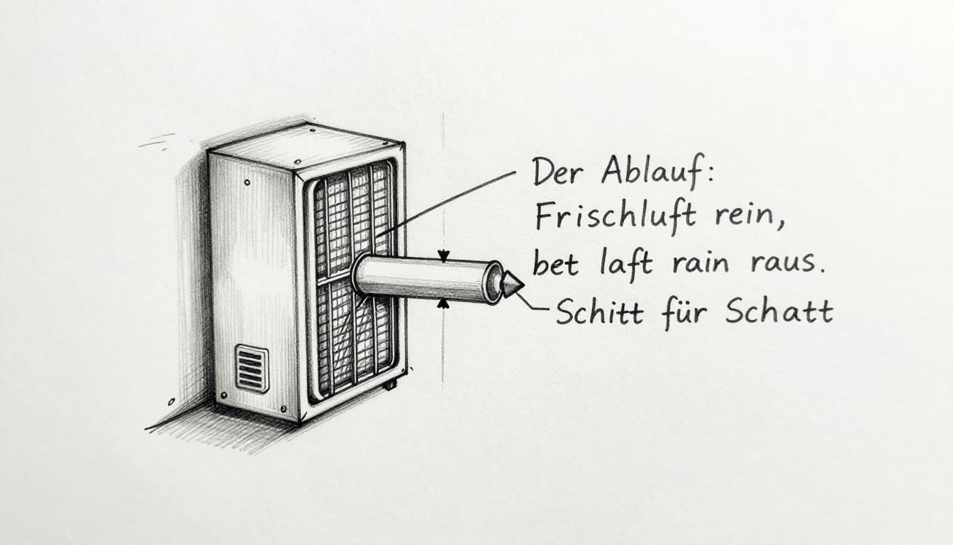 Hand-drawn graphite sketch on white paper showing a side-view cross-section of a single decentralized room ventilation unit in an old wall, with arrows illustrating fresh air entering through a filter, warming via heat exchanger using exhaust heat, and stale room air exiting via ventilator.