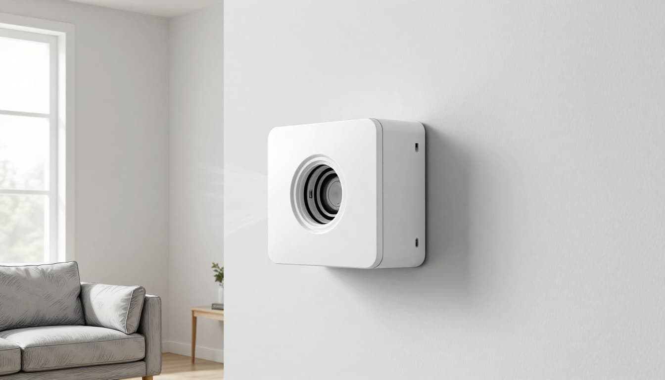 Hand-drawn graphite sketch of a compact decentralized ventilation device mounted flush on a white interior wall in a bright living room, featuring a small 20cm external wall hole for intake and exhaust with subtle air flow, nearby sofa and window.