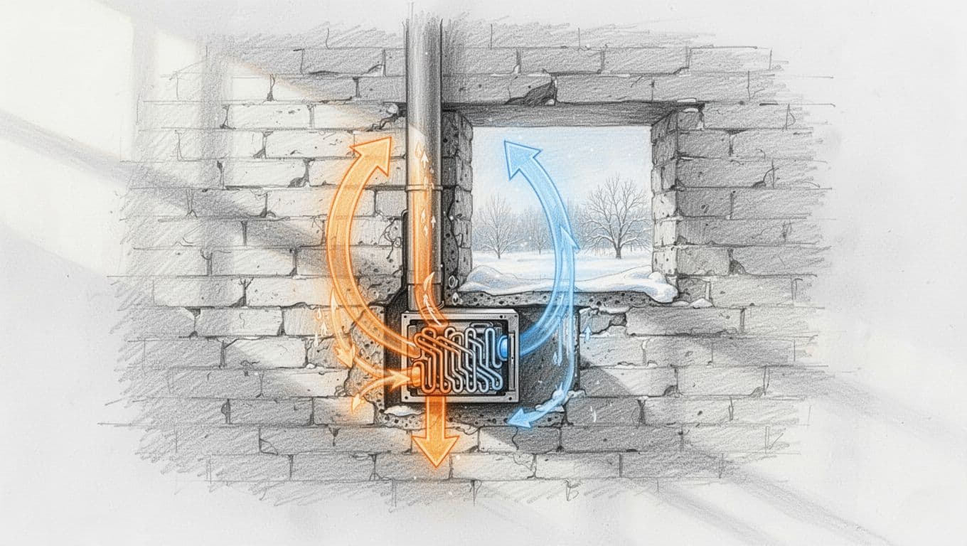 Hand-drawn graphite sketch depicting heat recovery process in a decentralized room ventilation unit: warm exhaust air transfers heat to incoming cold fresh air via exchanger in old brick wall cross-section, with arrows showing energy flow and winter savings up to 600€.