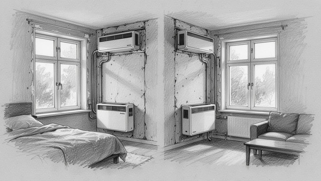 Hand-drawn graphite sketch of modular decentralized ventilation devices in rooms of a 1980s-1990s renovated house, showing flexible placement after insulation and window replacement. Exactly two units visible in bedroom and living room with subtle connections on light gray paper background.