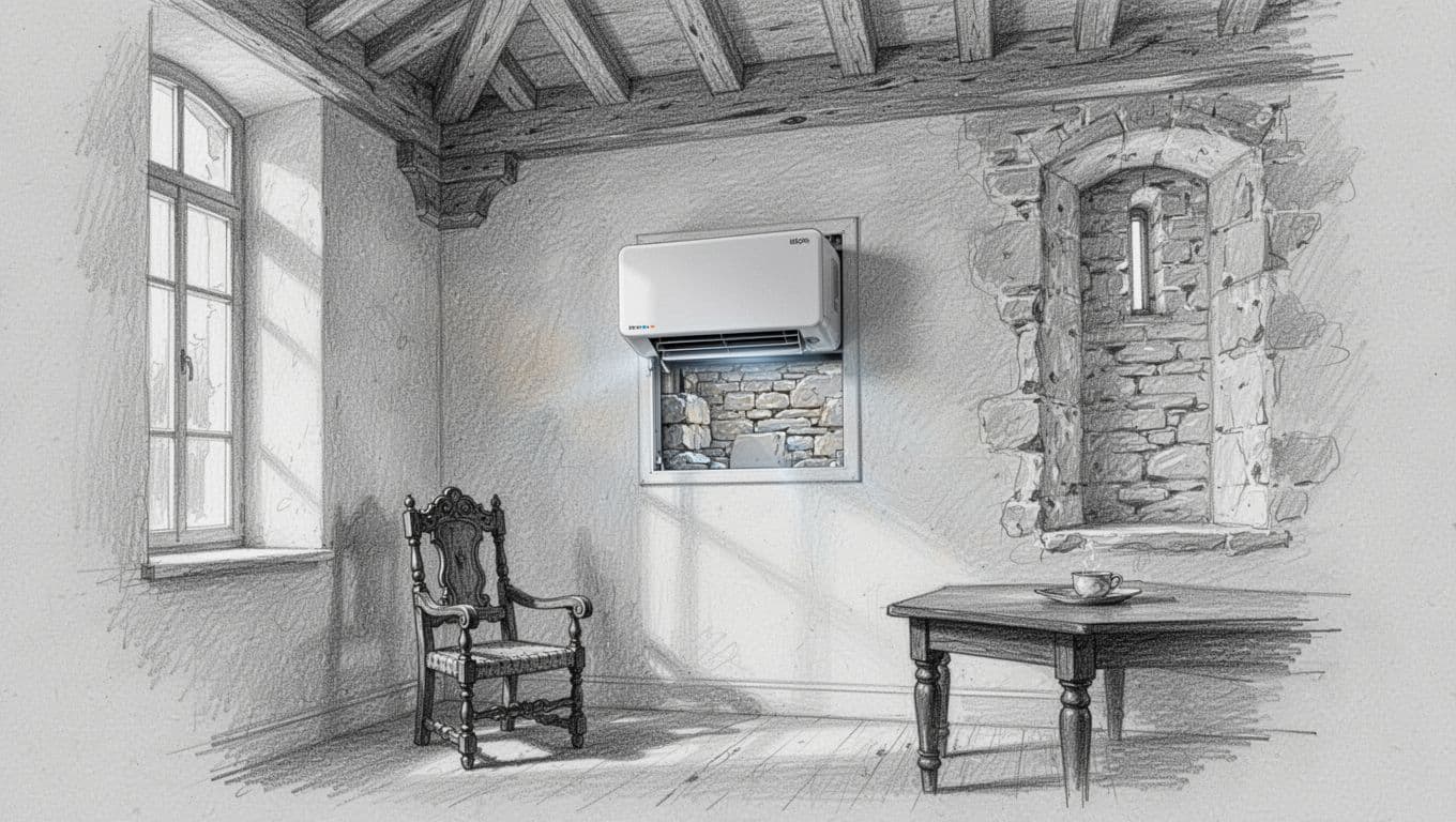 Hand-drawn graphite sketch depicting a compact decentralized ventilation unit flush-mounted on an interior wall of a historic building room with high ceilings, exposed beams, and antique furniture, showing simple installation that preserves aesthetics.