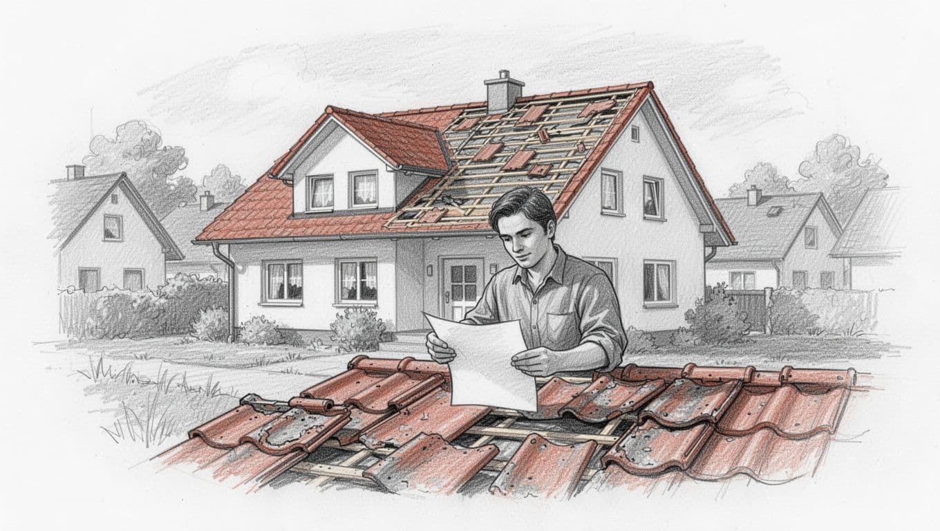 Handgezeichnete Skizze eines typischen deutschen Einfamilienhauses mit frisch saniertem Dach, einer Person, die alte Ziegel abträgt und ein Förderformular hält, in ruhiger Wohngegend.