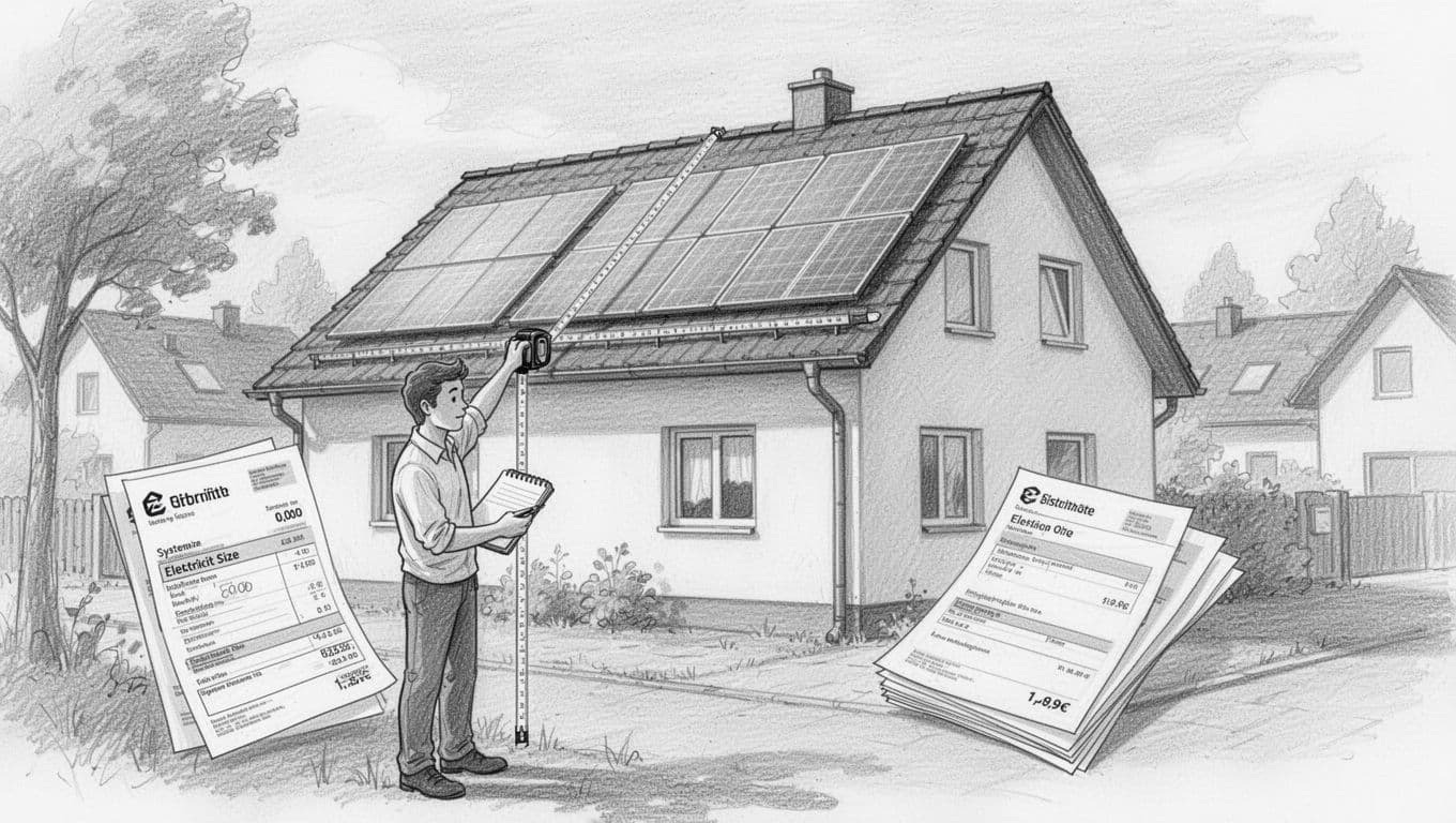 Handgezeichnete Bleistift-Skizze eines typischen deutschen Einfamilienhauses mit geneigtem Dach in ruhiger Wohngegend. Eine Person misst die Dachfläche für eine Solaranlage, hält eine Stromrechnung, notiert die Anlagengröße und vergleicht drei gestapelte Angebotsblätter mit Preisen pro kWp.