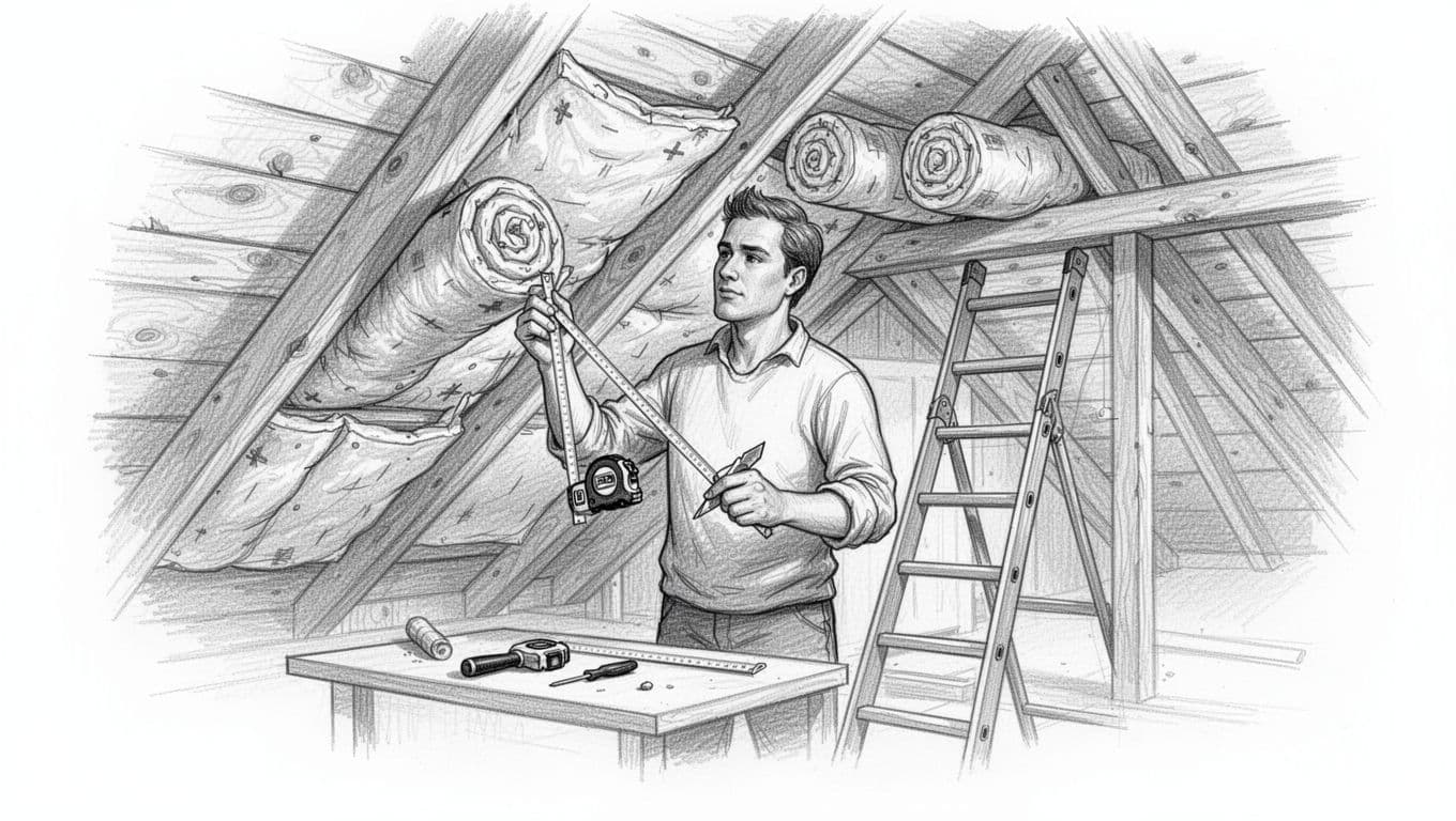 Hand-drawn graphite linework sketch of one person installing insulation rolls between rafters in a cozy attic space, with tools nearby and ladder access under warm lighting, emphasizing easy DIY without scaffolding.